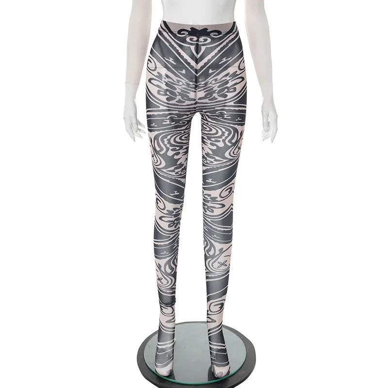 Joskaa 2025 Women's Abstract Print Two Piece Set Sexy Round Neck Long Sleeve Bodysuit + Skinny Pants Matching Y2K Streetwear