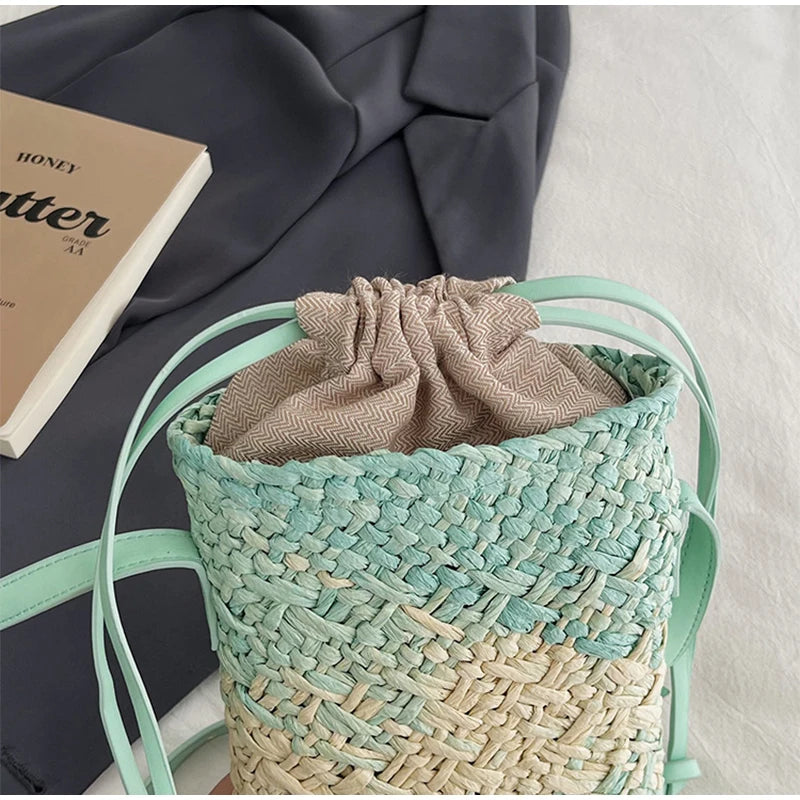 Brand Gradient Raffia Crossbody Bag Straw Drawstring Bohemian Summer Beach Travel Design Shoulder Bag Shop Basket Crossbody Bag