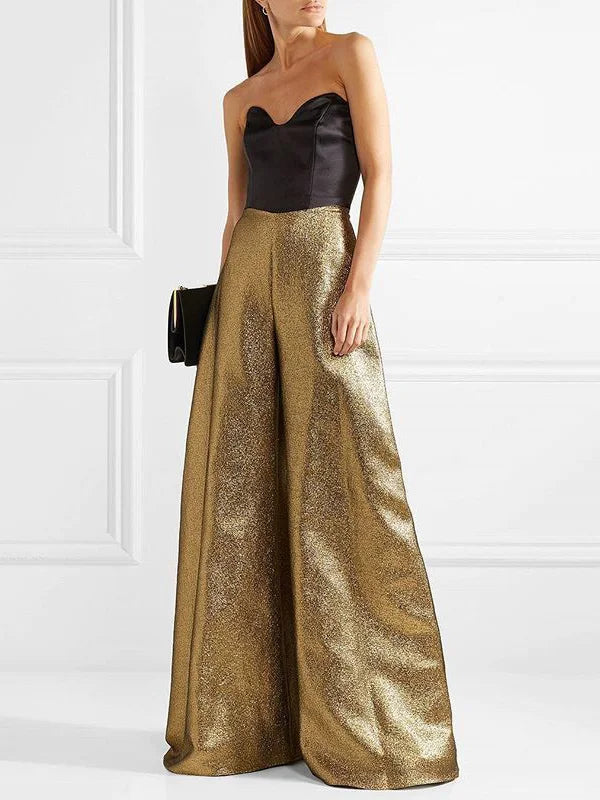 Women's Stylish Party Wear Pants Solid Gold High Waist A-line Wide Leg Pants Zippered Full-length Trousers Casual Pants