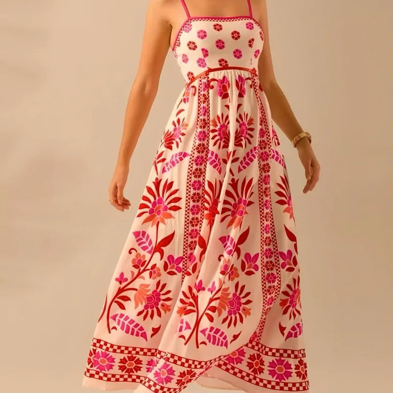Sexy Women's Off Shoulder Summer Long Dress Casual Bohemian Pleated Sling Dress Graffiti Printed High Waist Beach Dress Vestidos