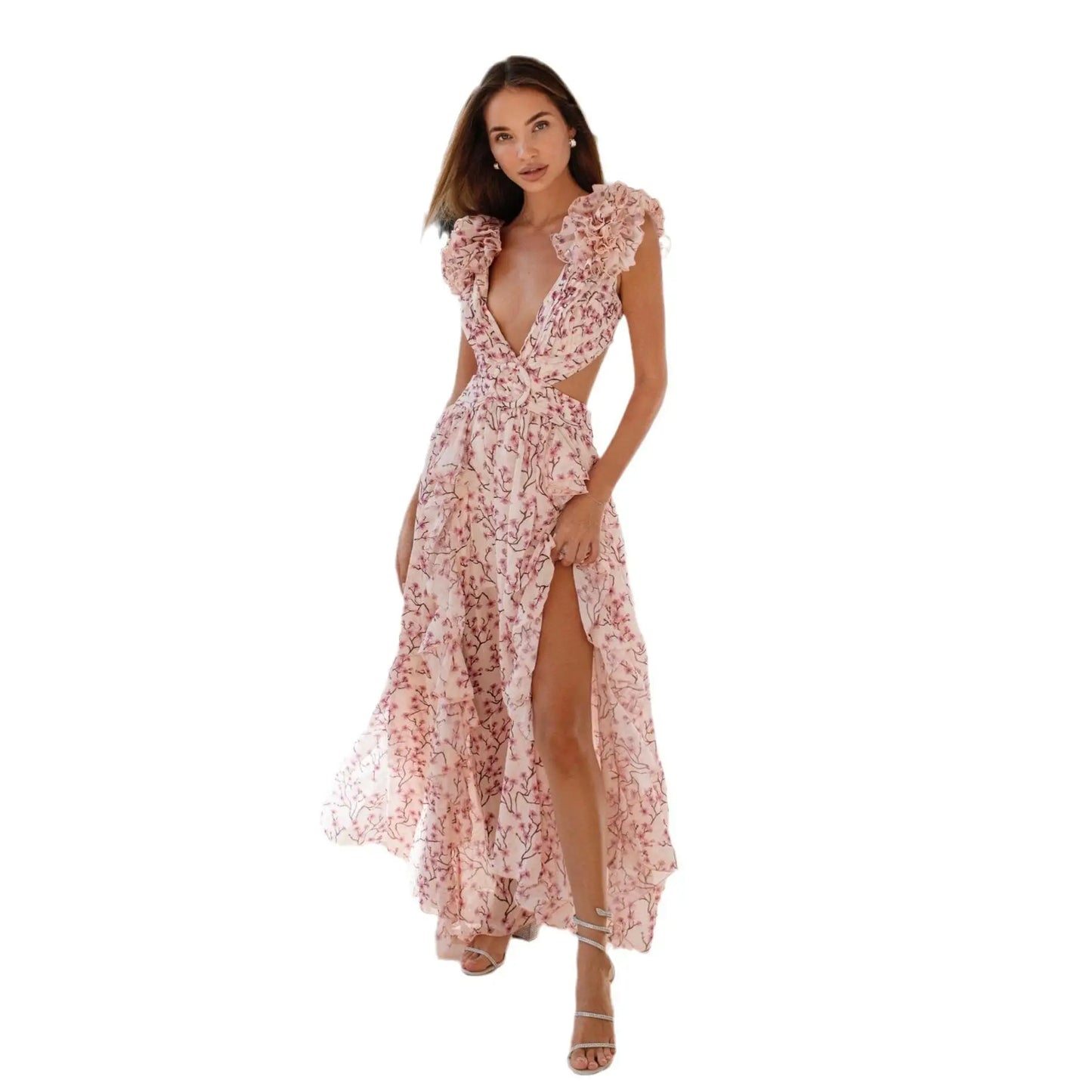 Summer Spring Women's Clothing Dress Hollow Out Slim Deep V Ruffle Edge Floral Backless Dress Loose Maxi