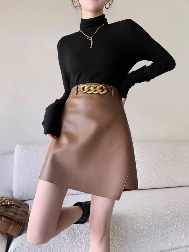 Woman skirts A Line 2025 korean style High Waist genuine Leather Women's Mini Skirt Bodycon A-Line Black Sexy Female Short Skirt