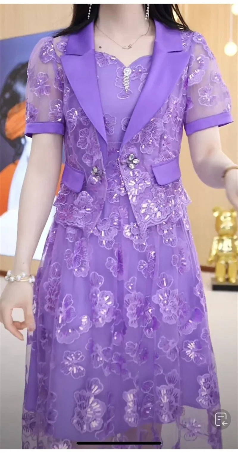 Lace Dress Women's High end Luxury Lady Two Piece Sets Silk Dress Suit Jacket And Dress 2023 Summer Waist Slim Long A-line Dress