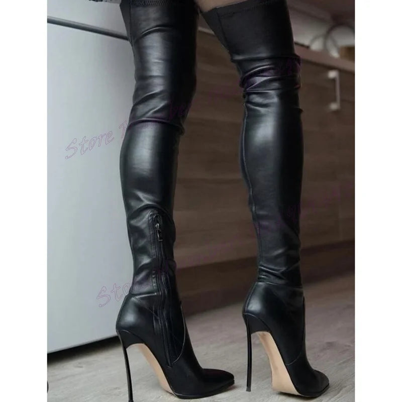 Black Metal Heels Knee High Boots Matte Leather Elastic Pointy Toe Shoes for Women High Heel Sexy Shoes 2025 Zapatos Para Mujere