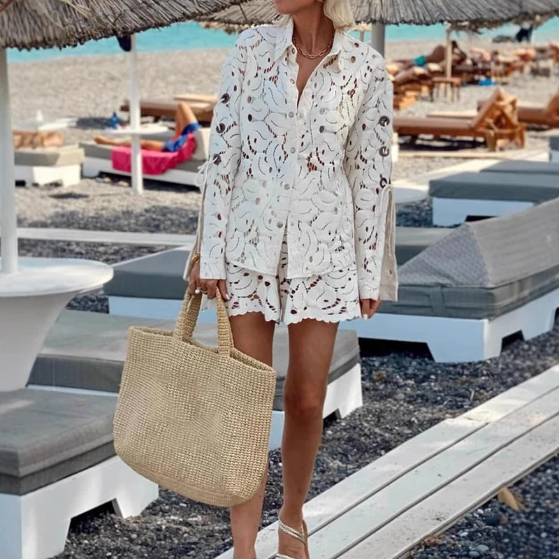Casual Long Sleeved Loose Two Piece Sets Summer Vacation Sexy Hollow Out Lace Suit Women's Lapel Shirt and Shorts Beach Outfits