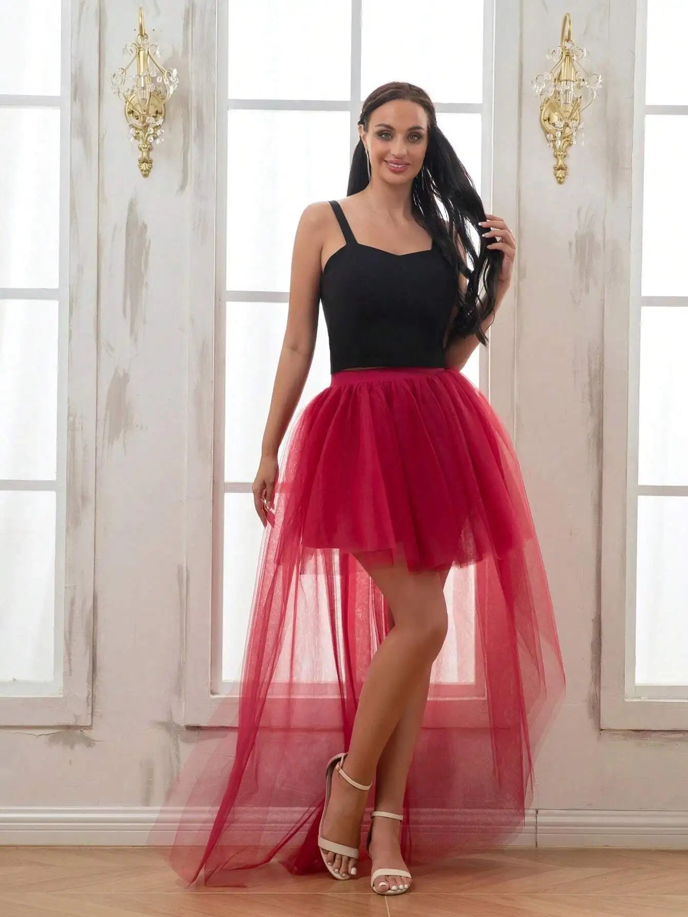 MisShow Hi-Lo Tulle Petticoat Women's Long Four Layer Puffy Skirt Fuchsia Tutu Skirts Adult Junpon Goth For Party Cocktail
