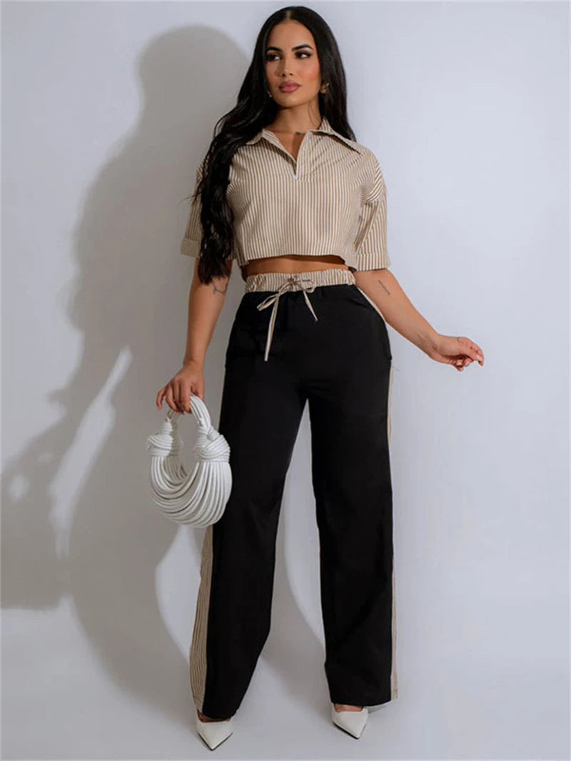 Casual Striped Shirt and Pants Two-Piece Set for Women