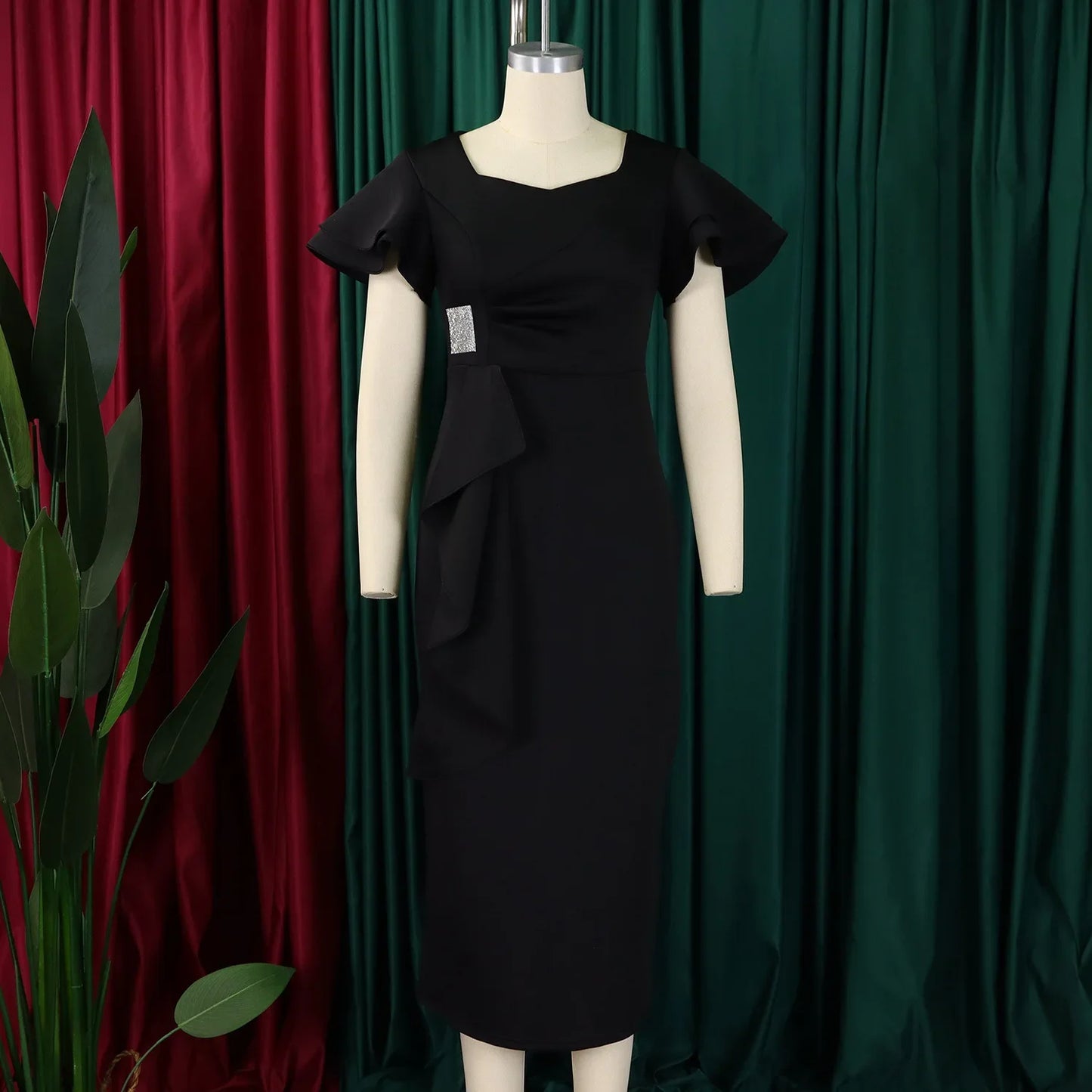 Elegant Pure Color African Style Wrap Dress D3310 New Fashionable Transoceanic Dress with Lace Trim Elegant African Dress
