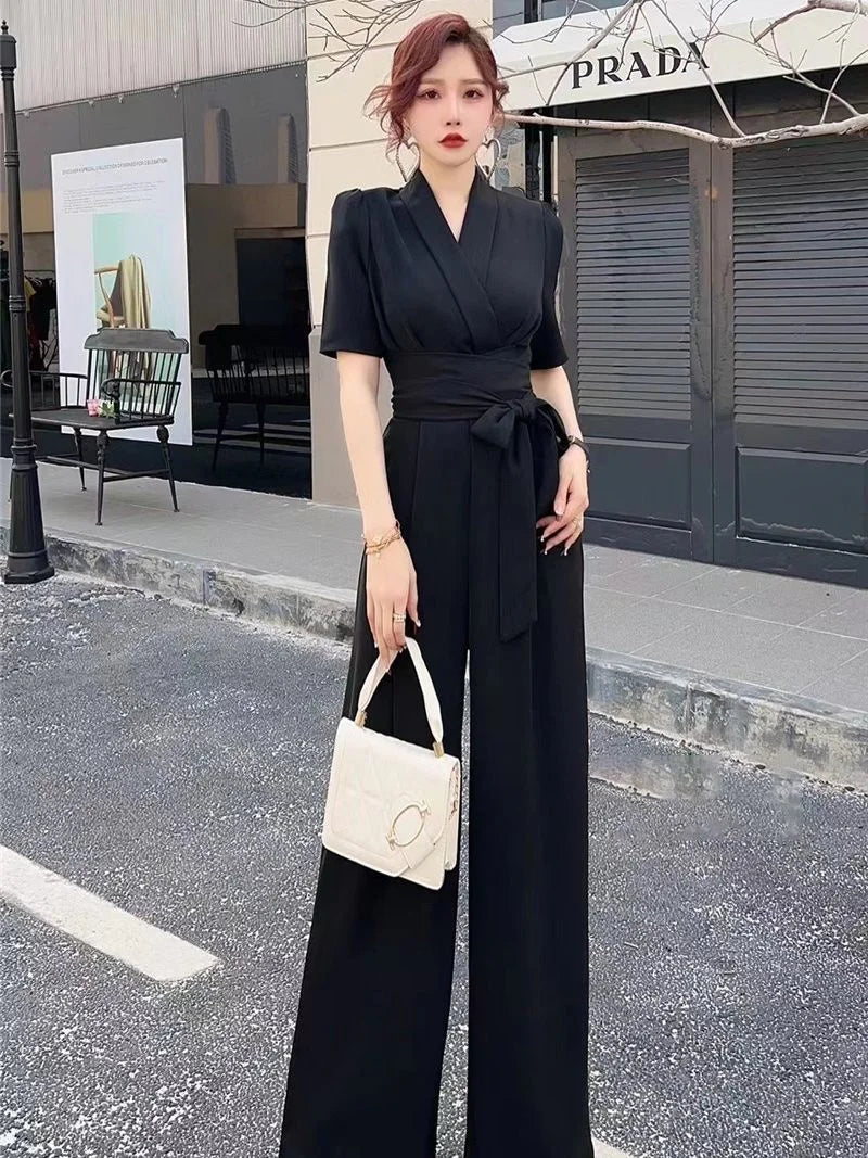 Jumpsuits Summer New High end Jumpsuit Women's Elegant Solid Color High Waist Slim Lace up Wide Leg Dropping Bodysuit Women Sets