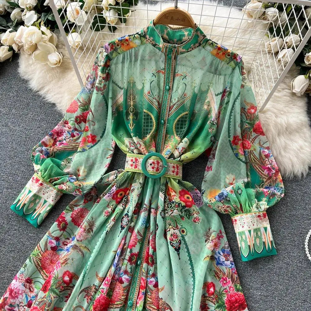 Women's Turtleneck Lantern Sleeve Single Breasted Flower Print Maxi Dress Autumn Bohemian Chiffon Green Belt Holiday Vestidos