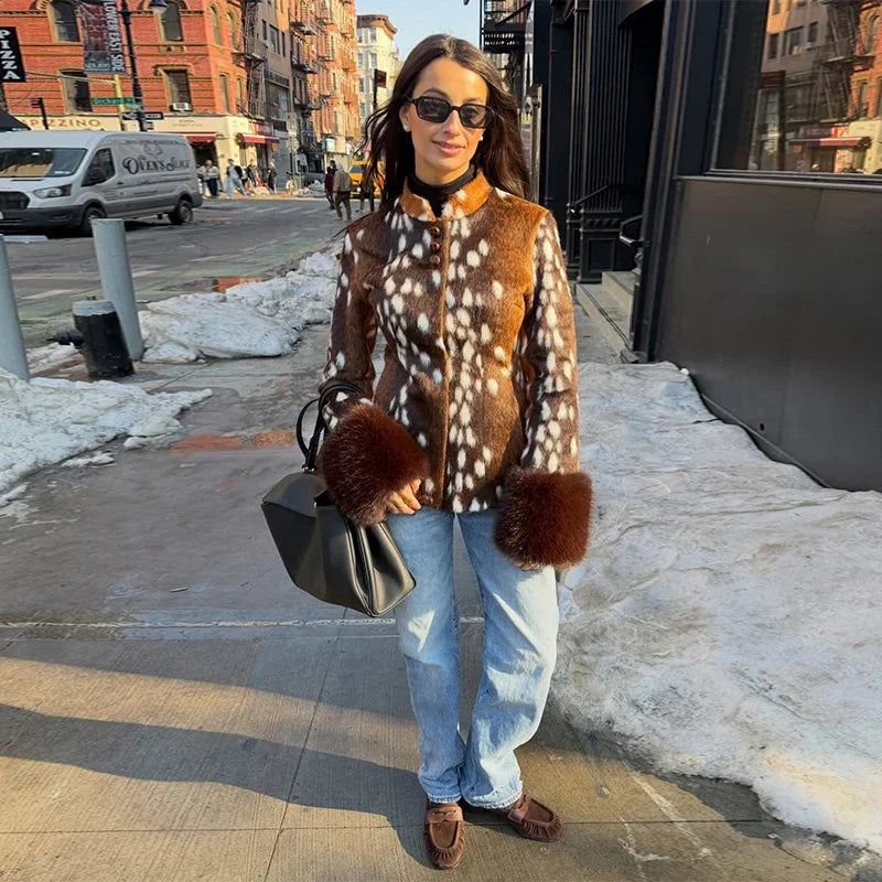Fitted Vintage Leopard Patchwork Faux Fur Coat for Women