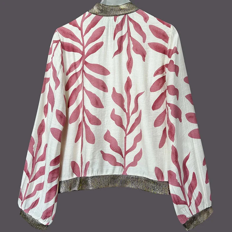 Office Ladies Elegant Zipper Comfortable Coat New 2025 Autumn Leaf Print Street Jackets Women O-neck Long Sleeved Loose Outwear