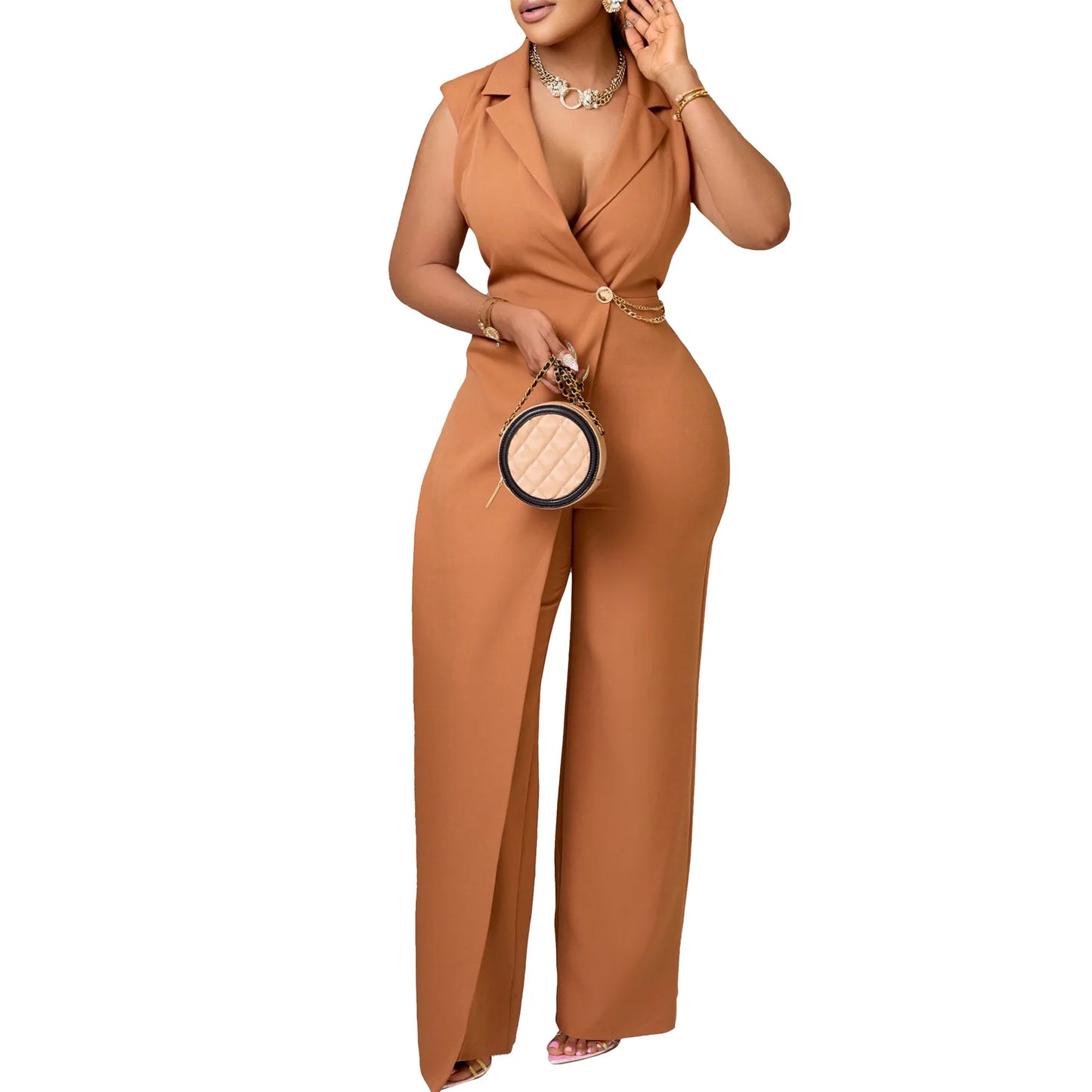 CM.YAYA Women Wide Leg V-Neck Sleeveless Jumpsuits Waist Chain 2024 Summer OL Beach Night Club Playsuit One Piece Suit Romper