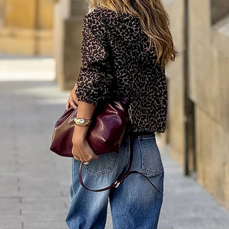Elegant Chic Long Sleeve Zipper Pocket Loose Jacket Female Outwear Streetwear 2025 Spring Autumn Women Leopard Print Hooded Coat