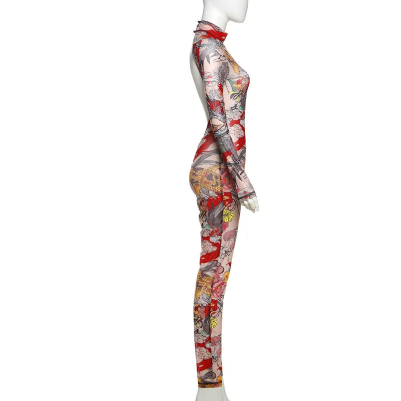Joskaa Colorful Print Mesh Backless Jumpsuit Women Sexy See Through Full Sleeve Skinny Overalls 2025 Coquette Midnight Clubwear