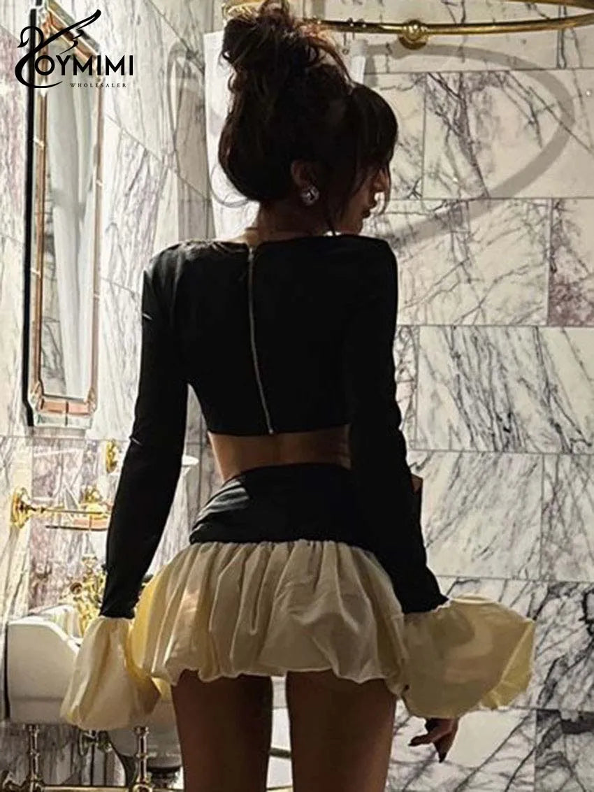 Oymimi Fashion Black Satin 2 Piece Sets Woman Outfits Elegant Long Sleeve Patchwork Zipper Crop Tops And Pleated Mini Skirts Set