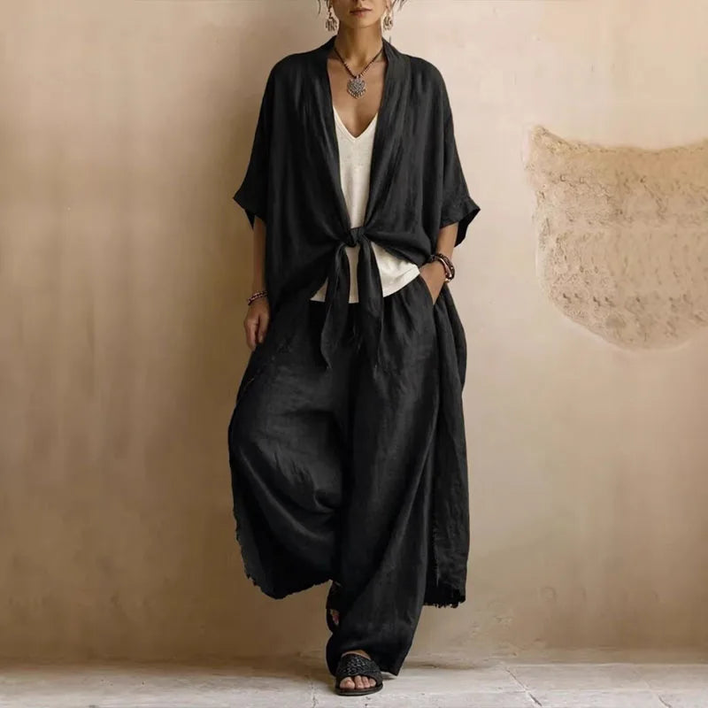 Bohemian Tie Dye Kimono Jacket and Wide Leg Pants Set for Women