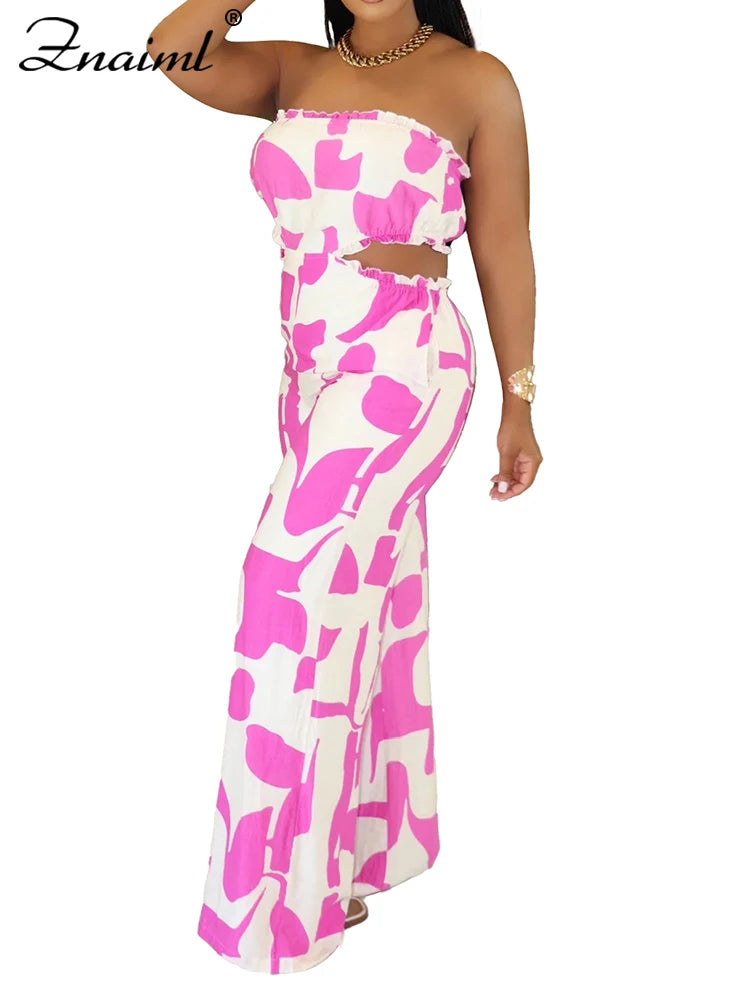 Znaiml Strapless Off Shoulder Hollow Out Green Printed Wide Leg Pants Jumpsuits Women Sexy Beach Vacation Summer Party Overalls