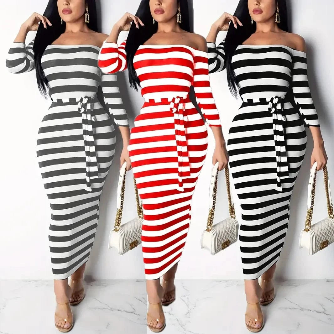 New 2024 Casual Women Dress Summer Striped Bodycon Midi Dresses Slash Neck Lace Up Three Quarter Pencil Dresses