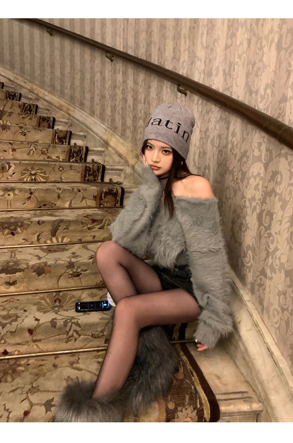 Korean High-end Design Halterneck Off-shoulder Loose Sweater Short Women's Casual Imitation Mink Fur Versatile Spring Summer Top
