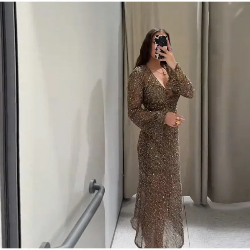 Sequin Maixi Dress Woman Deep V-neck Sparkling Lace Up Trumpet Sleeves Slim Long Dresses Sexy Perspective Party Women's Robe
