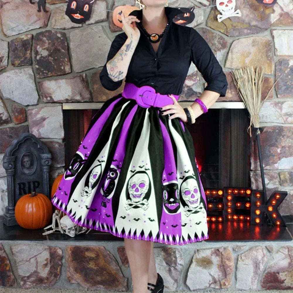 Women Vintage Halloween Skirt Retro Poker Face Skull Plus Size Skirt High Waist Pleated Ball Gown Long Skirts