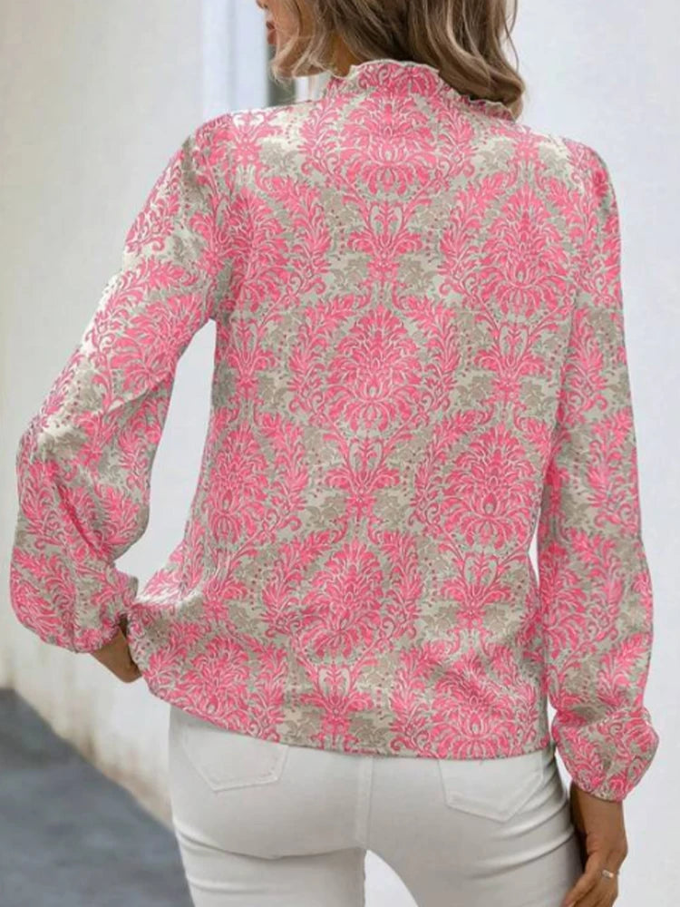 Women's Long Sleeve Shirt V-Neck Embellished Pleated Lantern Sleeves Full Print Button-Up for Summer and Autumn