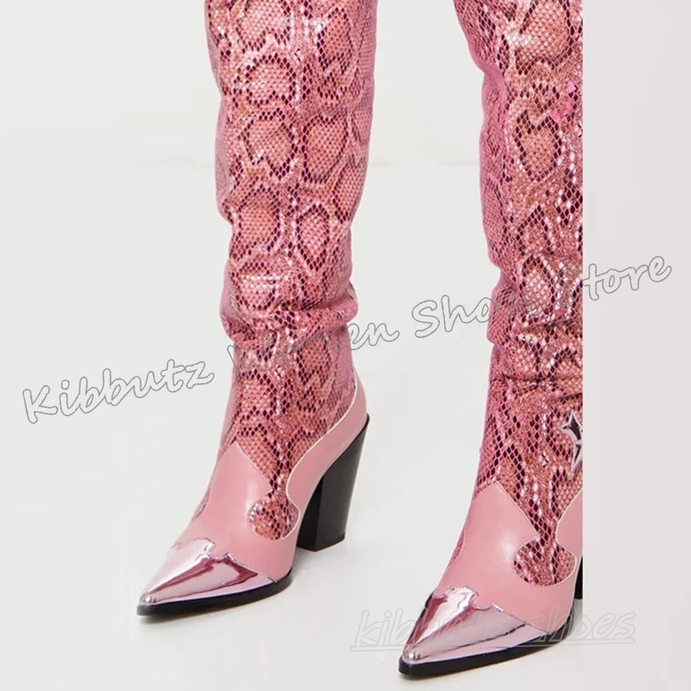 Embroidery Over The Knee Boots Cowboy Slip-On Pointy Chunky Heels Mixed Color Fashion Elegant Concise Novelty Women Shoes Newest