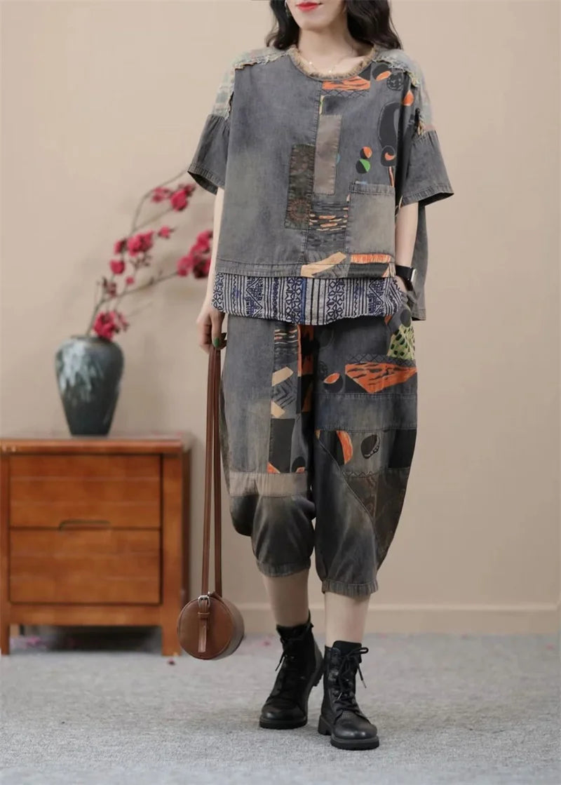 2024 Female Korean Ethnic Style Denim Harlan Pants Sets two-piece Women's Summer New Small Casual High-end Clothing Printing Set
