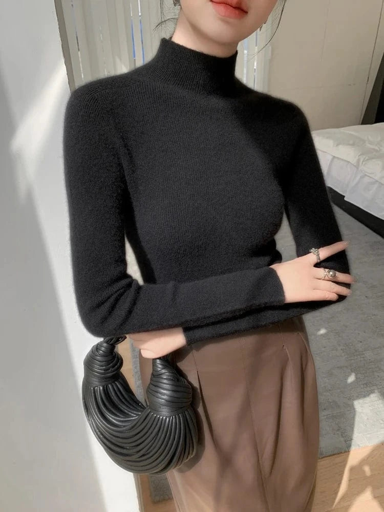 Women 100% Cashmere Sweater Mock Neck Pullover Autumn Winter Slim Basic Cashmere Knitwear Soft Warm High Strecth Pullover Tops