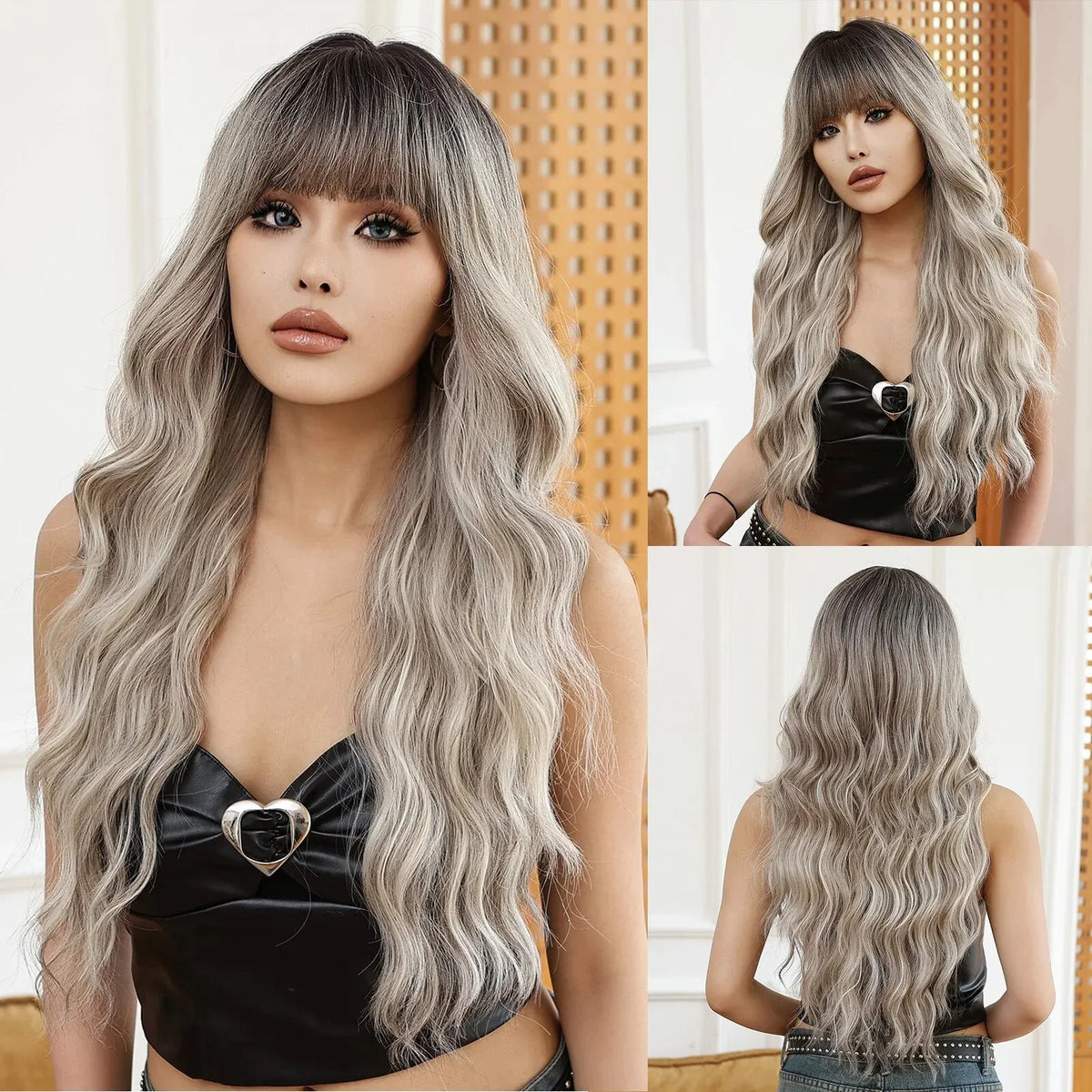 Long Water Wave Orange Synthetic Wig With Bangs for Women