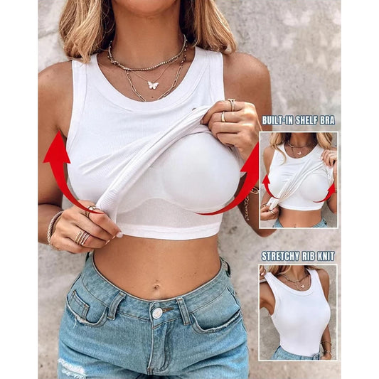 New Style Summer Round Neck Ribbed Tank Top With Bra Pads Fashion Sexy Femme Casual Sleeveless Top Solid T Shirt Streetwear
