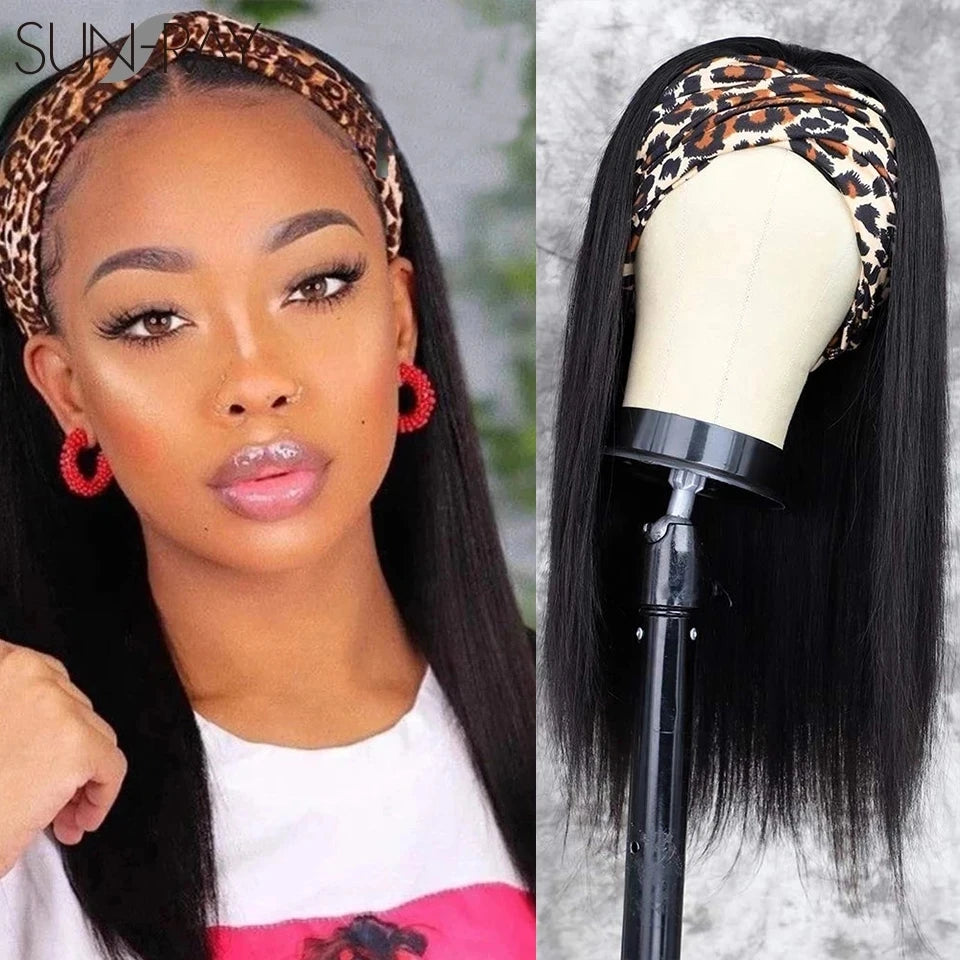 Short Curly Pixie Cut Headband Wig Water Wave Remy 100% Brazilian Human Hair Scarf Wigs For Women Machine Made Long Straight Wig