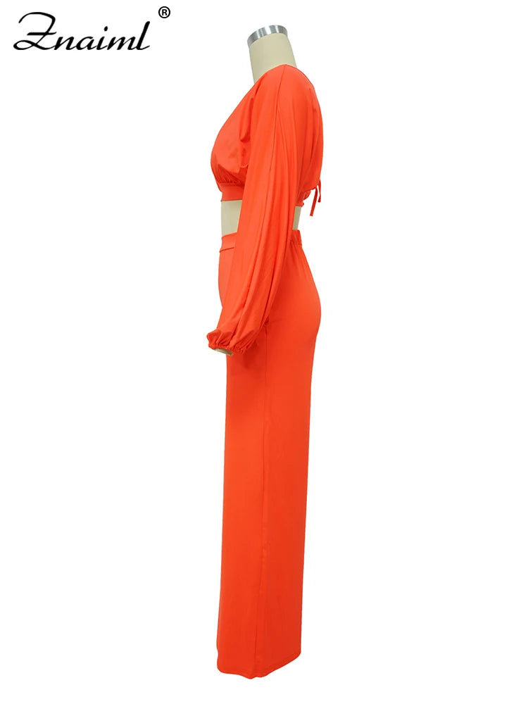 Znaiml Casual Green Two 2 Pieces Wide Leg Pants Sets Women‘s Long Sleeve Deep V-neck Crop Tops and Trousers Birthday Club Outfit