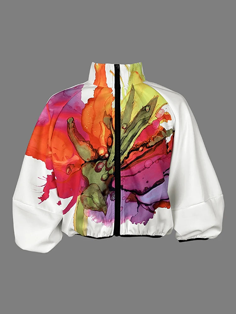 Women's Autumn New Jacket Floral Printed High Neck Puff Sleeves Coat Zippered Half Sleeve Loose Fit Outerwears