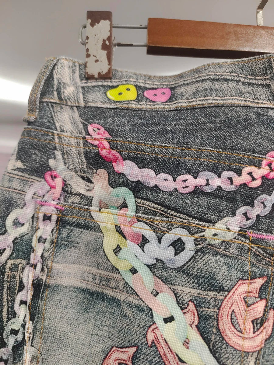 VGH Spliced Colorful Beading Chain Jeans for Women High Waist Patchwork Distressed American Retro Spring Trousers Female Style