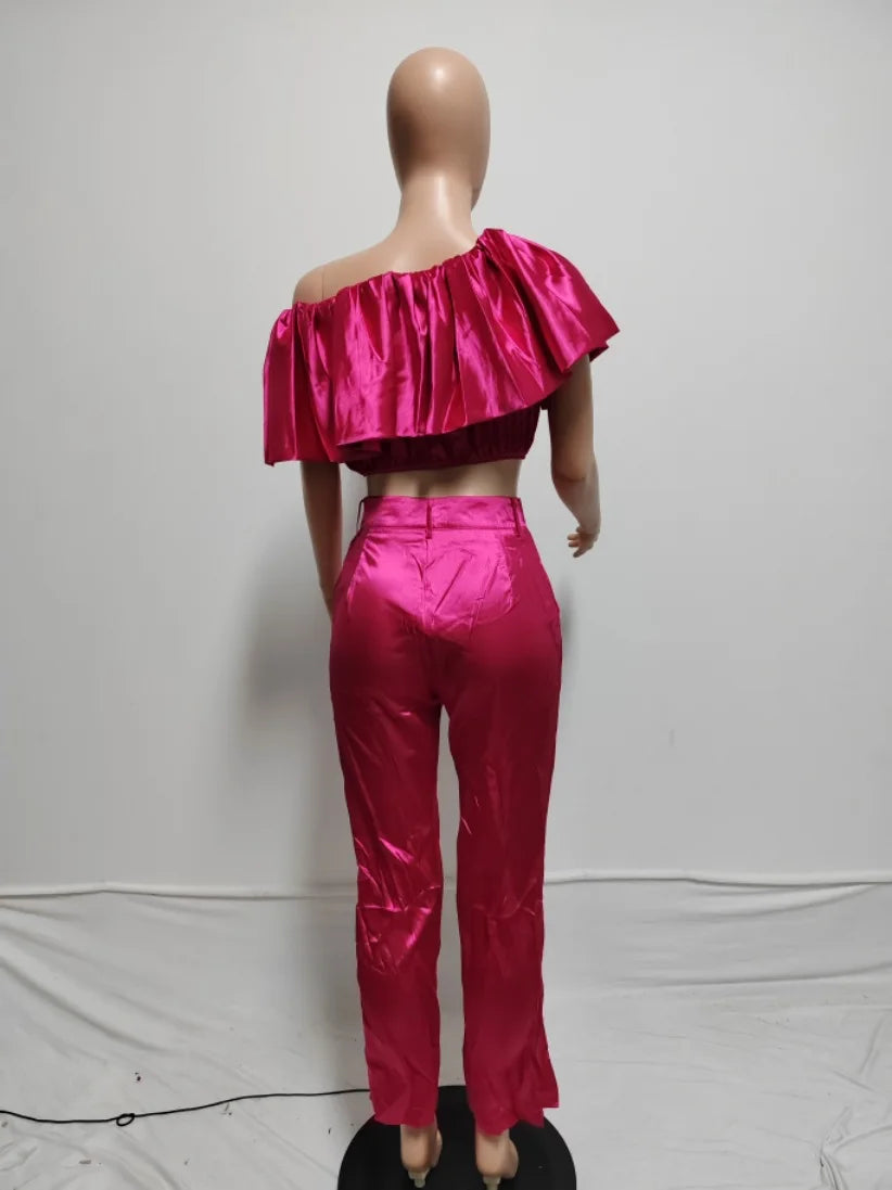 CM.YAYA Fashion Satin Women's Set Butterfly Sleeve Crop Top and Wide Leg Pants Suit 2024 Party Club Even Two 2 Piece Sets Outfit
