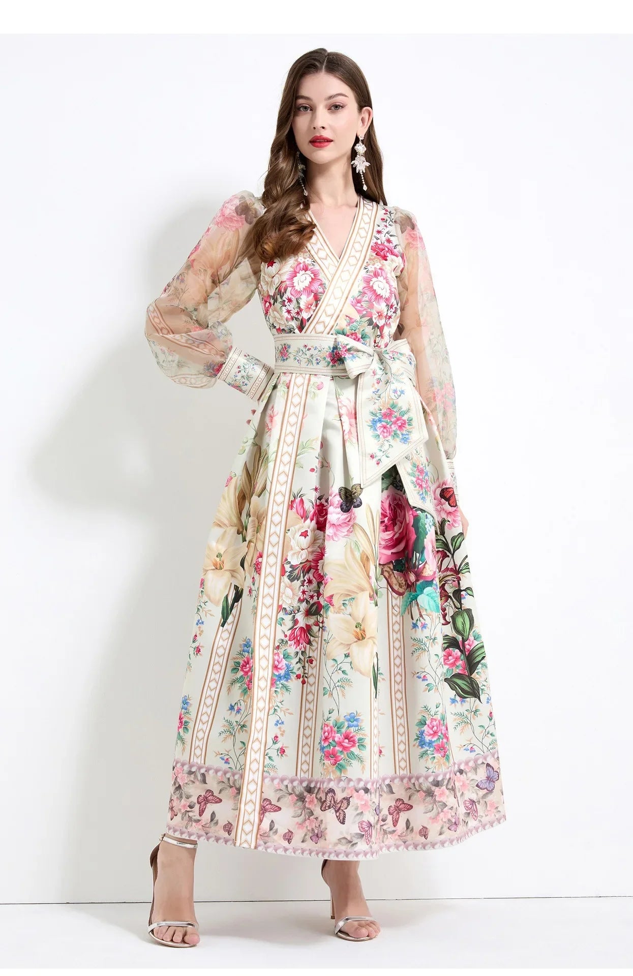 Retro Court Style V-Neck Lace Lantern Sleeve Belted Waist Design Large Print Dress Floral Print Women's Dress Fashionable Gown
