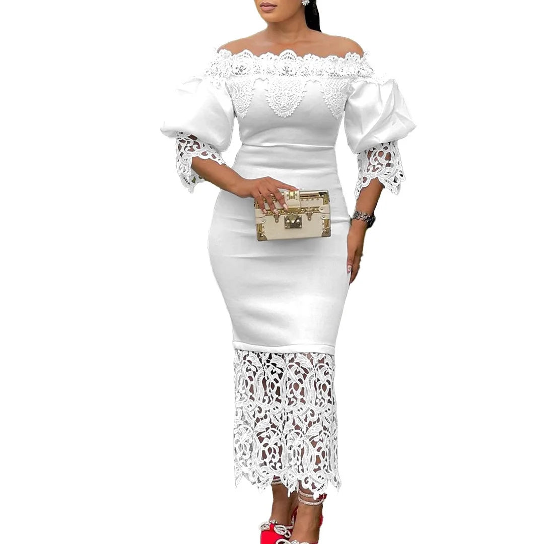 Elegant Dresses for Woman Off the Shoulder Lantern Sleeve Lace Patchwork Sheath Package Hips Ankle Length Luxury Birthday Dress