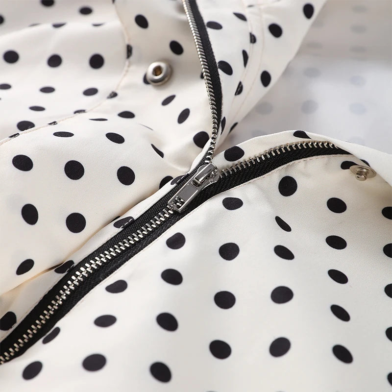 Loose Polka Dot Zipper Women's Shorts Set Stand Collar Patchwork Full Sleeve Pockets Jacket Tie Up Short Pant Suit Summer Outfit