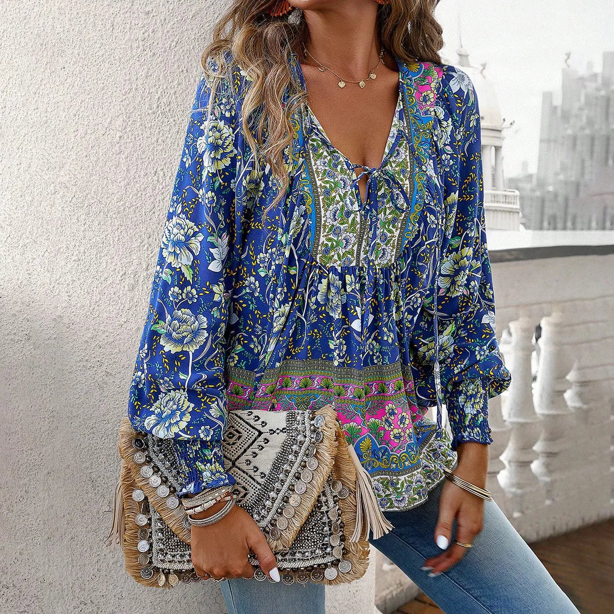 2025 Spring Summer Printed Shirt Women Elegant Chiffon V-neck Long-sleeve Top
