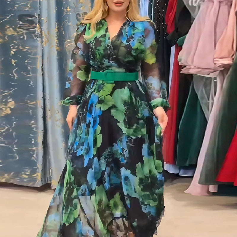 Fall Bohemian Casual Holiday Dresses Vintage Printed Long Sleeve High Waist Robe Dress Fashion V Neck Mesh Women's Party Dress