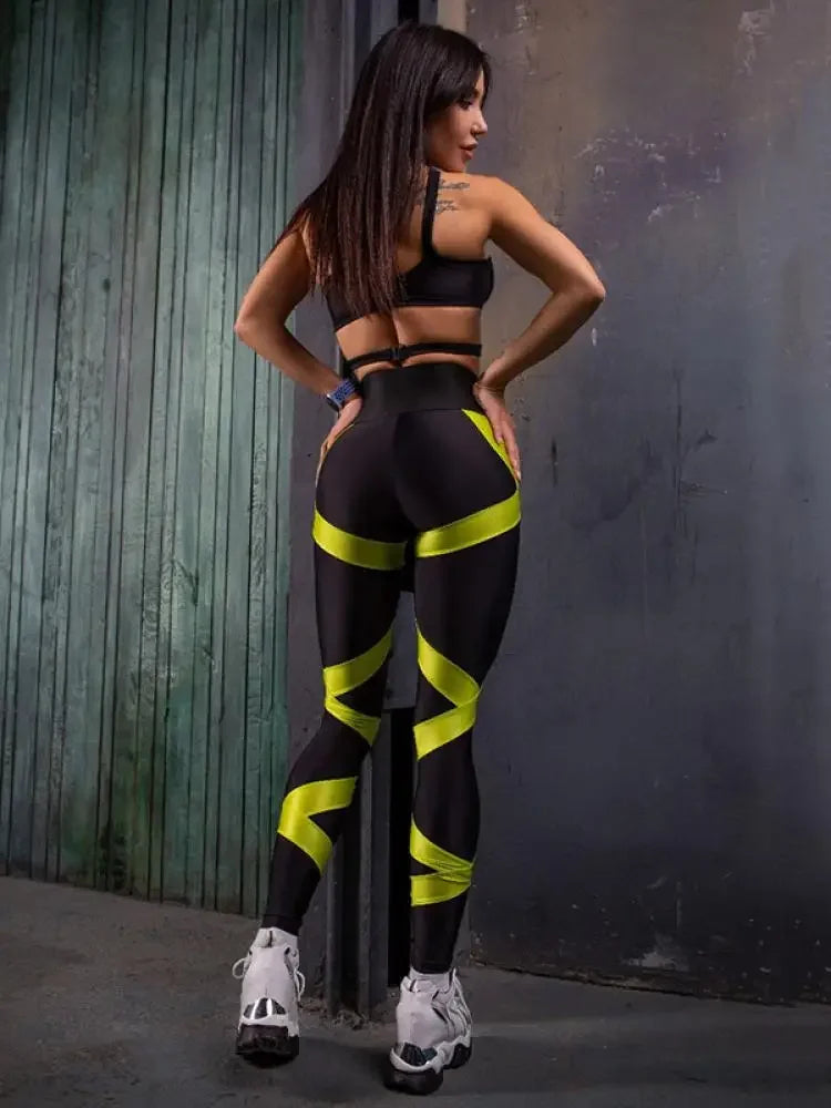 Women's Sexy Split-Joint Mesh Lace-Up Bra & High Waist Leggings Sport Suit 2025 New Summer Two Pieces Set For Cool Girl