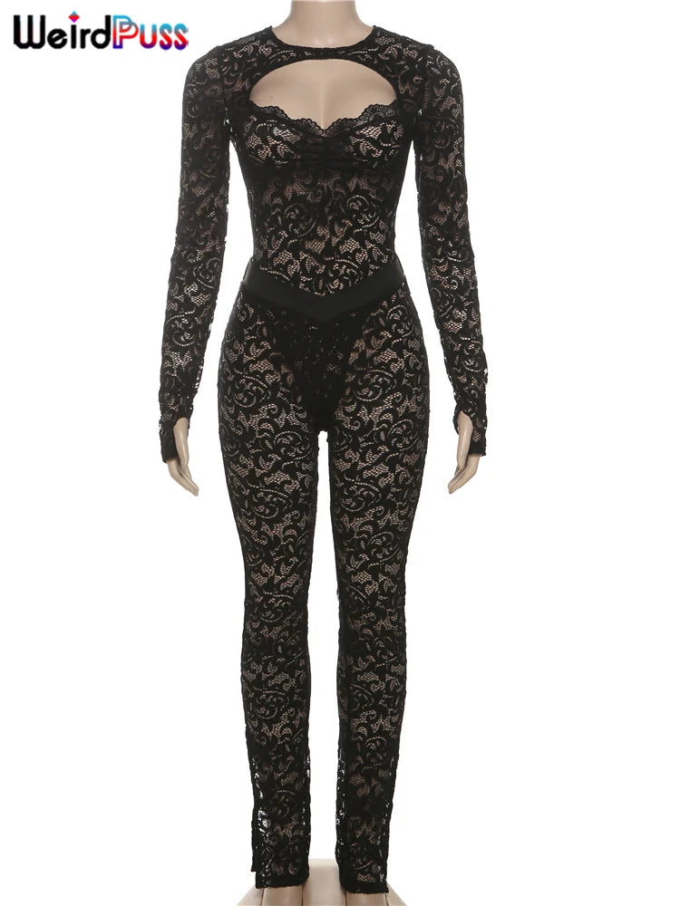 Weird Puss See Through 2 Piece Set Women Sexy Hollow Jacquard Backless Bodysuit+Leggings Tight Activity Clubwear Skinny Outfits