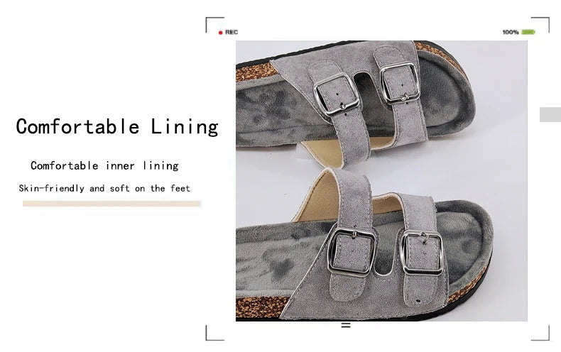 Trendy and Fashionable Buckle Flat Cork Slippers Holiday Style Summer Men's and Women's Beach Buckle Outdoor Casual Sandals