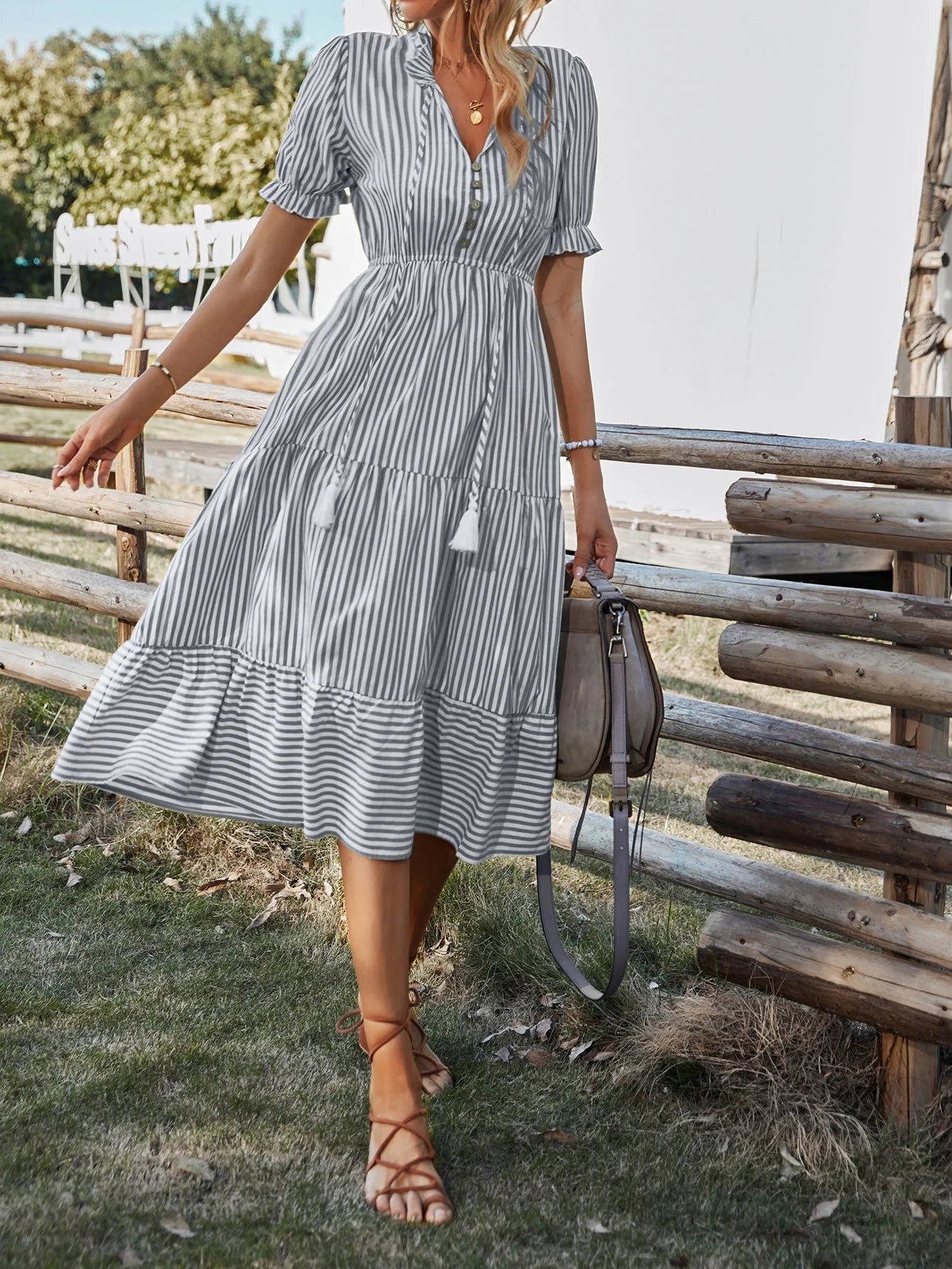 Summer Women's Striped Short Sleeve V-Neck Elastic Waist Dress
