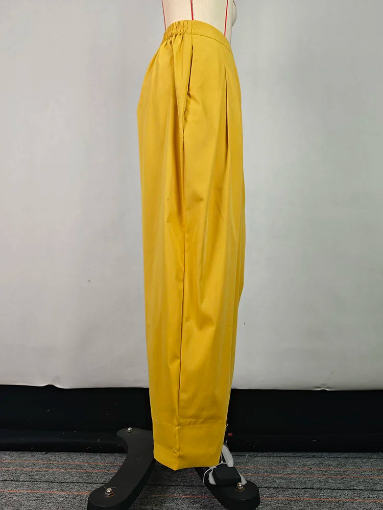 Beautyblue Elegant Women's Coats&Pants Yellow Pant Sets New Casual Buttoned Pleated Lapel Blazer Blouses Pockets Trousers Female