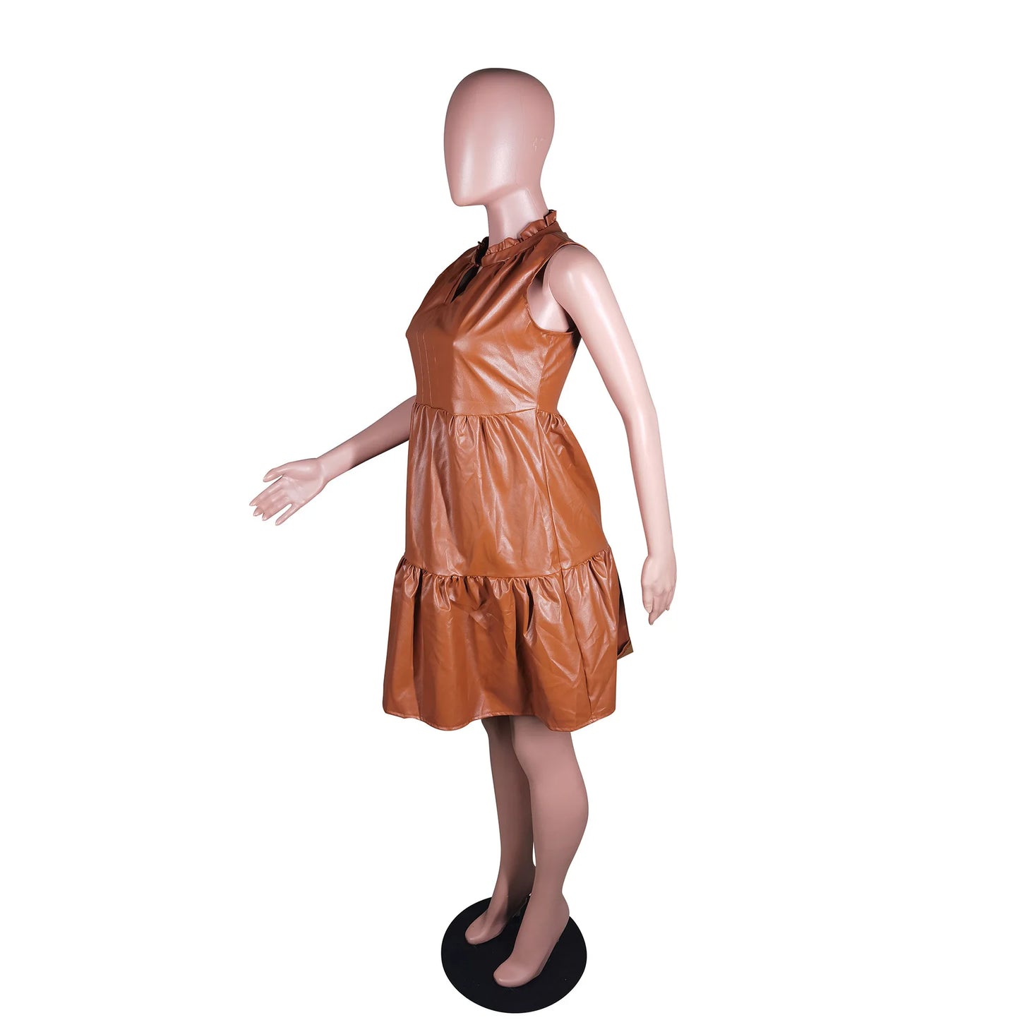 Women V-neck Sleeveless PU A-line Cascading Ruffles Hem A-line Mini Dress 2025 New Classic Faux Leather Fit Flare Dress