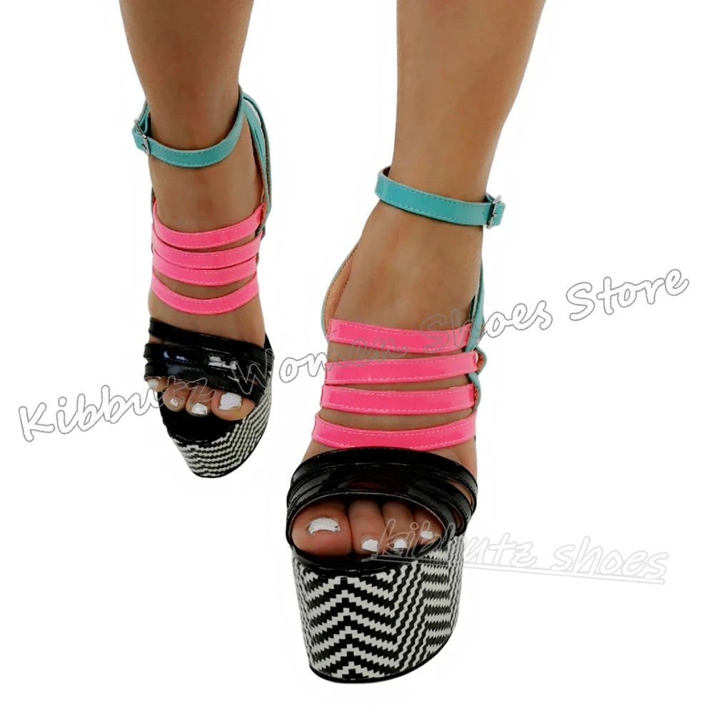 Striped Sandals Platform Round Toe Thin High Heels Mixed Color Leather Fashion Luxury Elegant Concise Sexy Hot Girls Shoes New