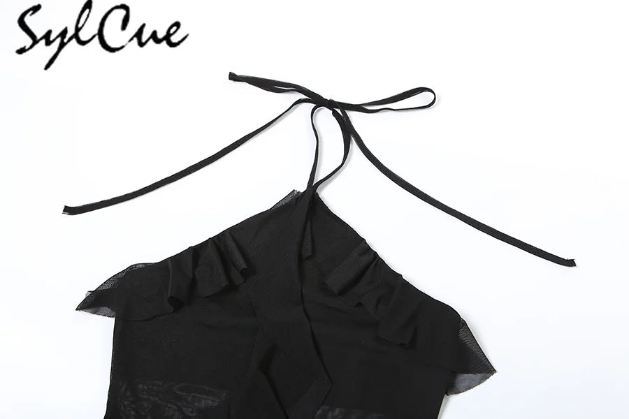 Sylcue 2024 Spring New Sweet Gentle Sexy Mature Beautiful Elegant Party Queen Women'S Short Neck Ruffled Tassel Dress